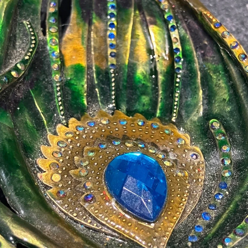 Decorative Peacock Feather Enamel Trinket Dish Green Gold Blue Rhinestone